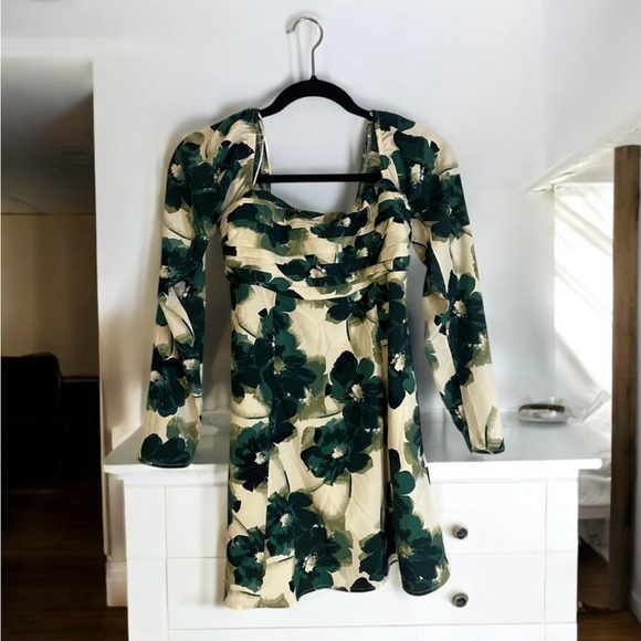 Abercrombie & Fitch Warm Green and Cream Tones Bodycon Dress with Puff Sleeves - Picture 4 of 10